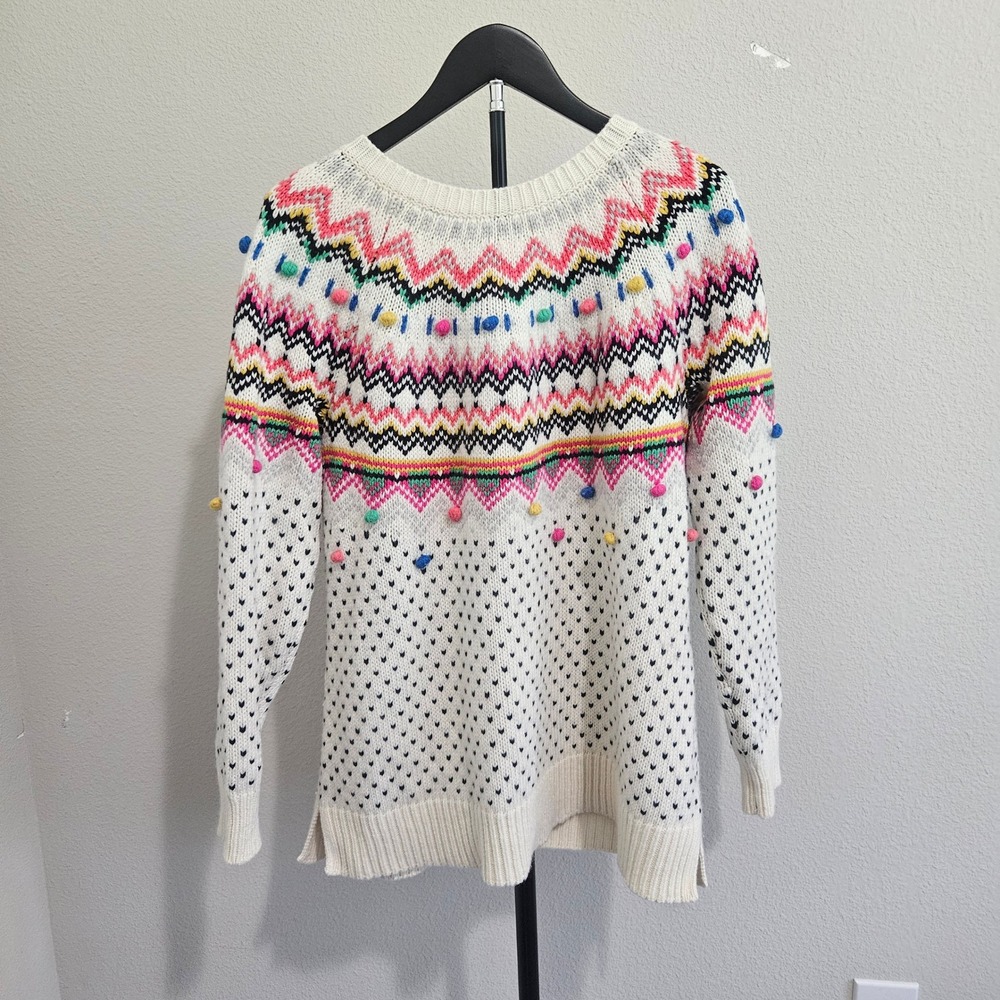 Talbots Fair Isle Sweater Womens 1X White Multi Pom Pom Wool Blend Whimsical